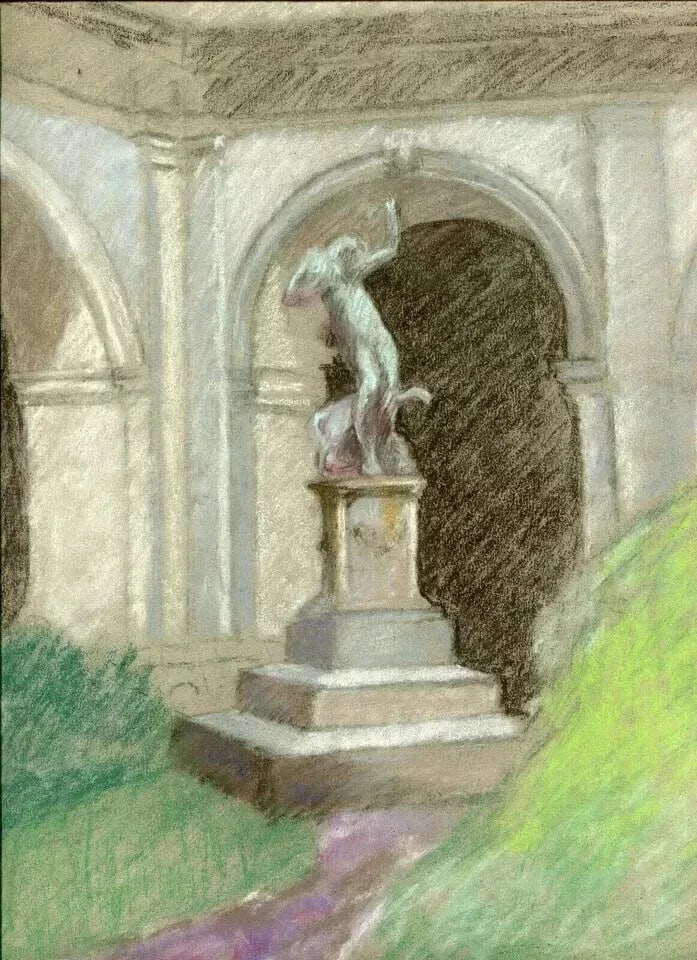 Vintage Pastel Original Drawing Woman Sculpture, Garden Artwork - 7