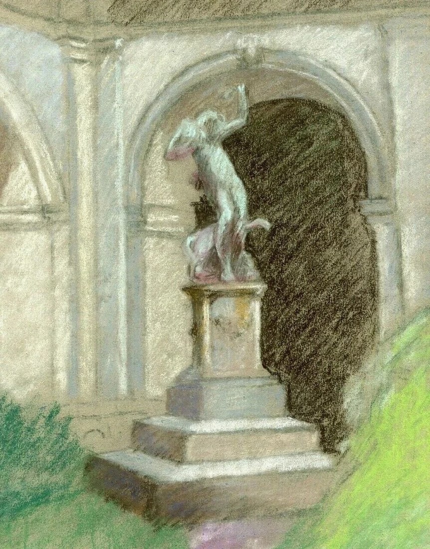 Vintage Pastel Original Drawing Woman Sculpture, Garden Artwork - 8