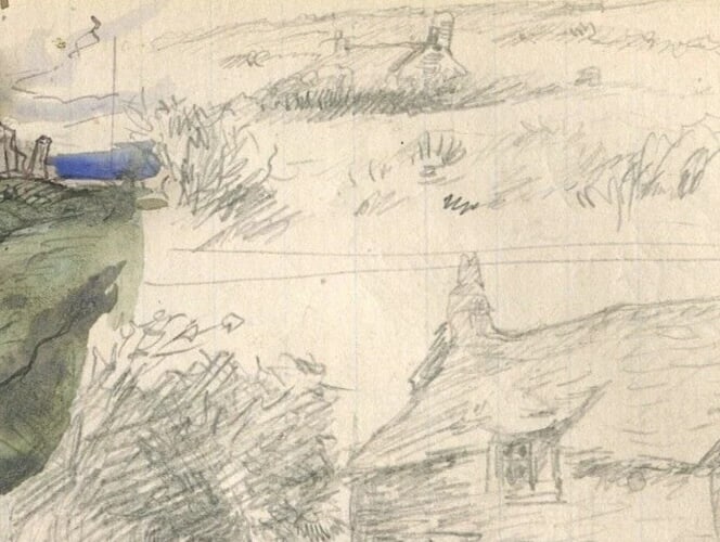 Vintage Pencil Original Drawing House Landscape Sketch Forest - 3