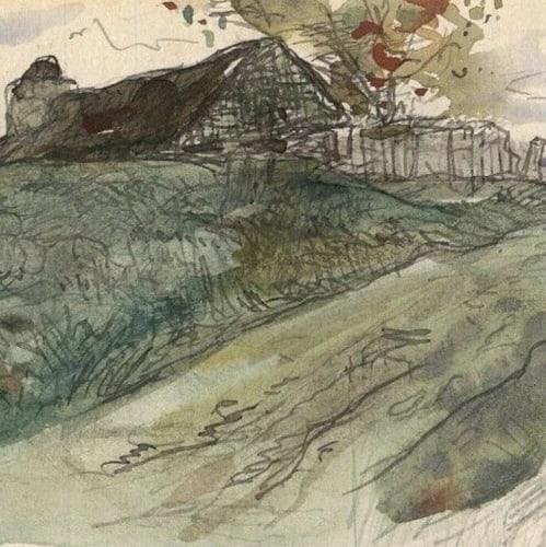 Vintage Pencil Original Drawing House Landscape Sketch Forest - 5