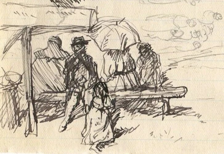 Antique Ink Drawing Family by River Landscape 19th Century Genre Scene: Drawing Original Family, Figures, Landscape, Genre Scene Description Beautiful 19th-century ink drawing showing a pastoral family scene near a river, with expressive figures and a detailed landscapeA