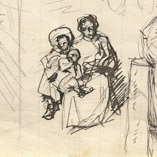 Antique Ink Drawing Family by River Landscape 19th Century Genre Scene - 2