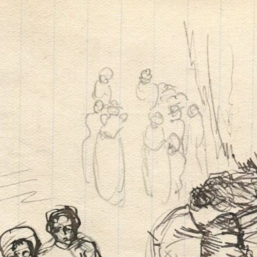 Antique Ink Drawing Family by River Landscape 19th Century Genre Scene - 4