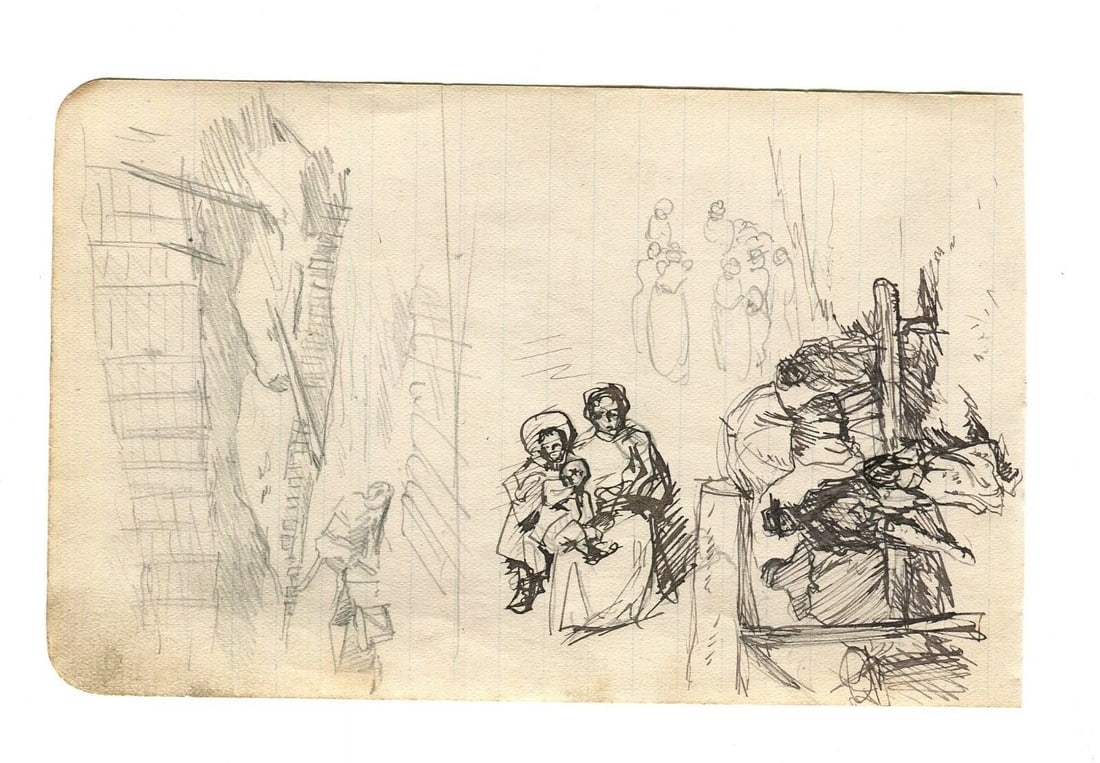 Antique Ink Drawing Family by River Landscape 19th Century Genre Scene - 5