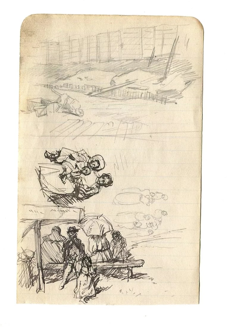 Antique Ink Drawing Family by River Landscape 19th Century Genre Scene - 7