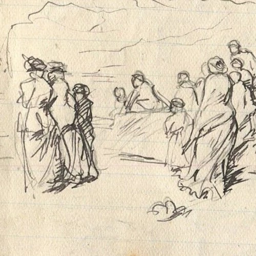 Vintage Ink Original Drawing Impressionism People, Boat, Family Artwork - 4