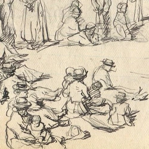 Vintage Ink Original Drawing Impressionism People, Boat, Family Artwork - 5