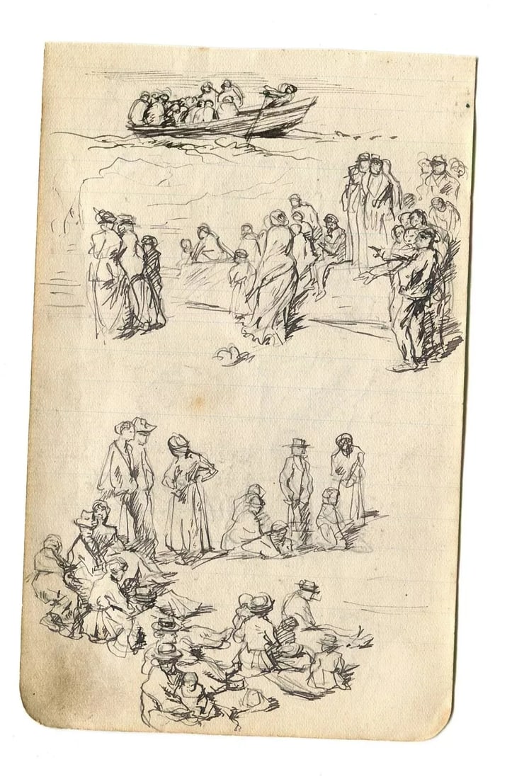 Vintage Ink Original Drawing Impressionism People, Boat, Family Artwork - 8