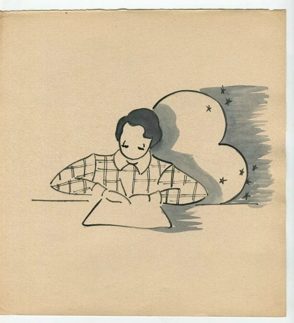 Vintage Ink Drawing Child Reading Under Cloudy Sky Genre Scene c. 1900 - 7