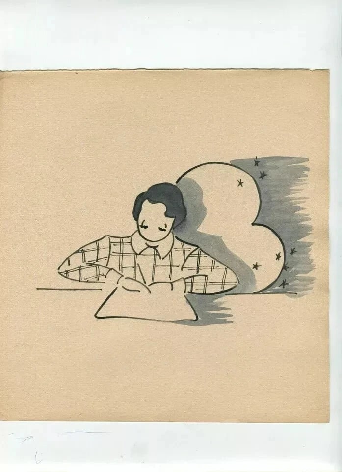 Vintage Ink Drawing Child Reading Under Cloudy Sky Genre Scene c. 1900 - 8