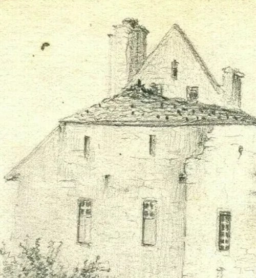 19th century Castle House Trees, Nature - Drawing Antique Pencil Original - 3