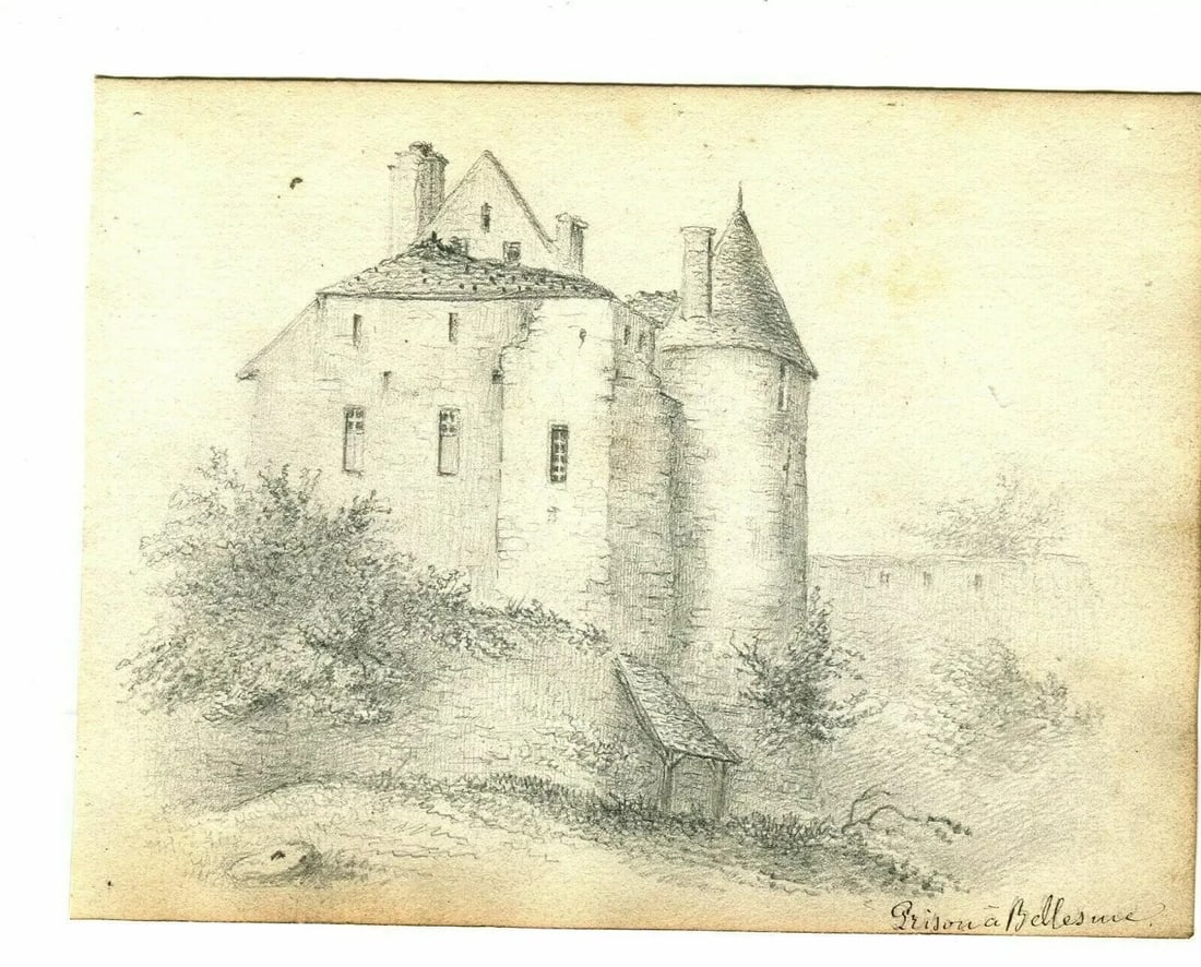 19th century Castle House Trees, Nature - Drawing Antique Pencil Original - 4