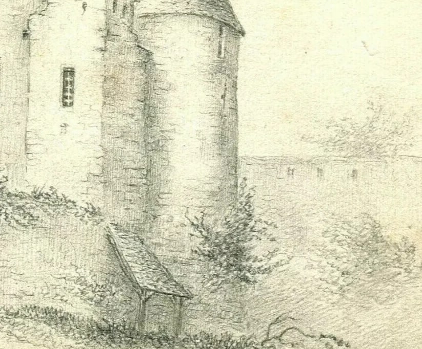 19th century Castle House Trees, Nature - Drawing Antique Pencil Original - 6