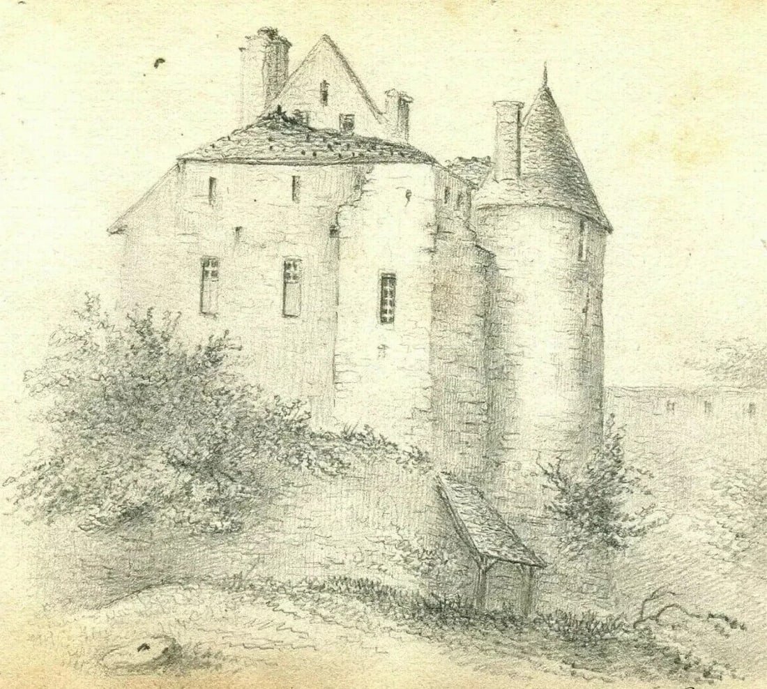 19th century Castle House Trees, Nature - Drawing Antique Pencil Original - 8