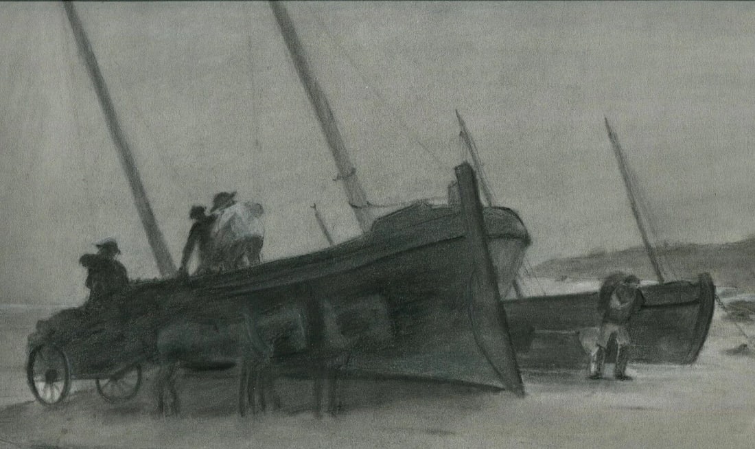 Maritime Landscape, People Boats, Sea - Drawing Antique Original signed: Maritime Landscape, People Boats, Sea - Drawing Antique Original signed Description Charcoal on paper 26 x 36.5 cm / 10.23 x 14.37 inches small holes, folds Reserve: $45.00 Shipping: Domestic:&