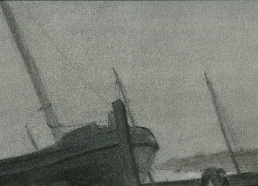 Maritime Landscape, People Boats, Sea - Drawing Antique Original signed - 5