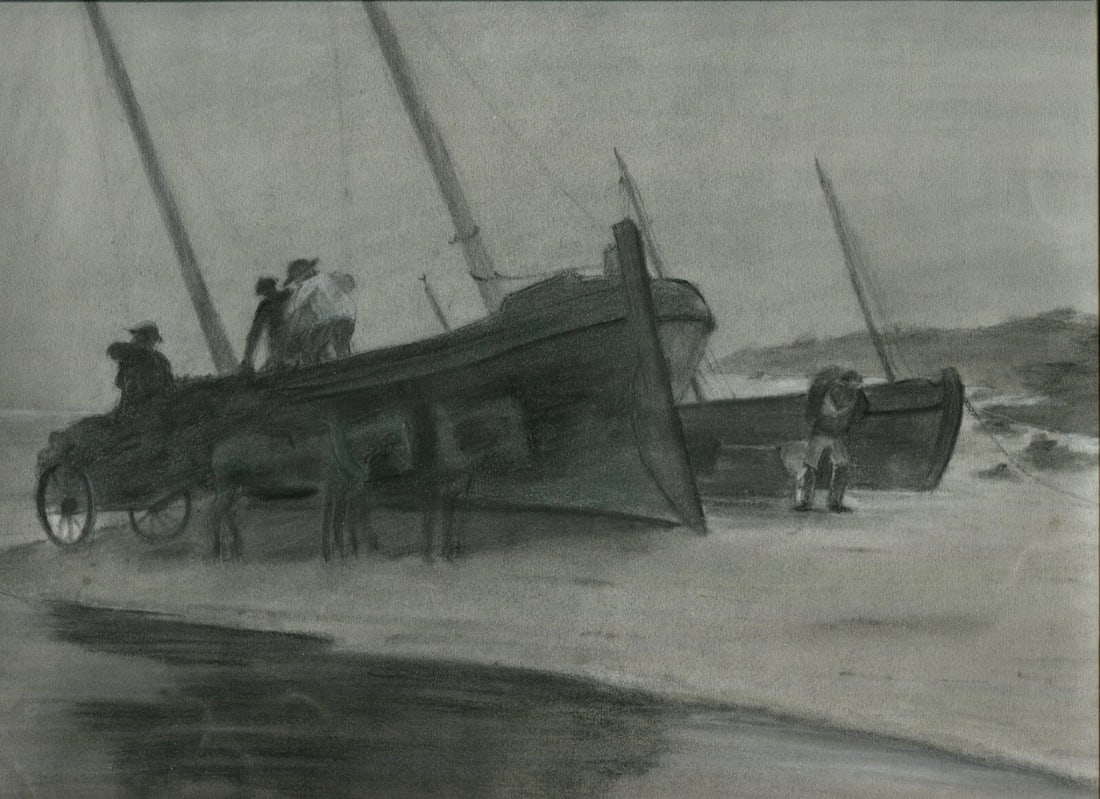 Maritime Landscape, People Boats, Sea - Drawing Antique Original signed - 6