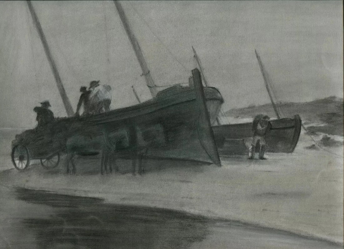 Maritime Landscape, People Boats, Sea - Drawing Antique Original signed - 7