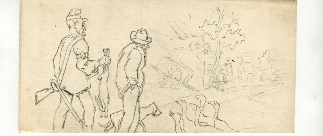 Men Hutting, People, Ducks, Rabbit - Drawing Vintage Original Pencil Artwork - 2