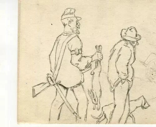 Men Hutting, People, Ducks, Rabbit - Drawing Vintage Original Pencil Artwork - 3