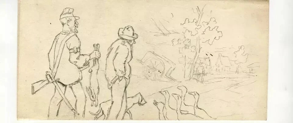 Men Hutting, People, Ducks, Rabbit - Drawing Vintage Original Pencil Artwork - 4