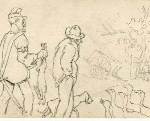 Men Hutting, People, Ducks, Rabbit - Drawing Vintage Original Pencil Artwork - 5