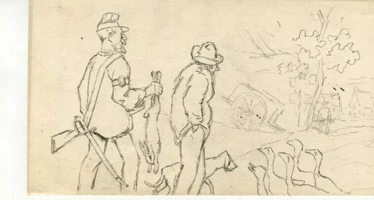 Men Hutting, People, Ducks, Rabbit - Drawing Vintage Original Pencil Artwork - 7