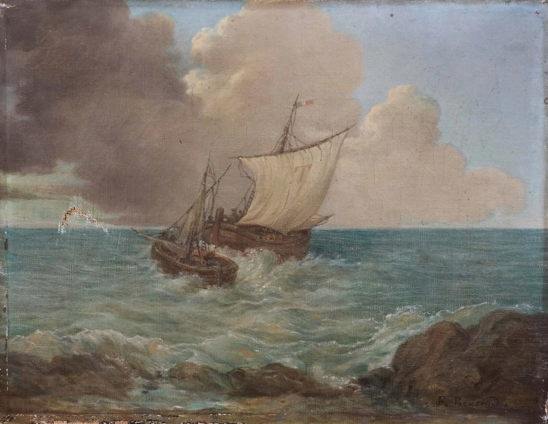 Antique Oil Painting Original signed Maritime Seascape, Boat, Seascape 1903 (1 of 8)