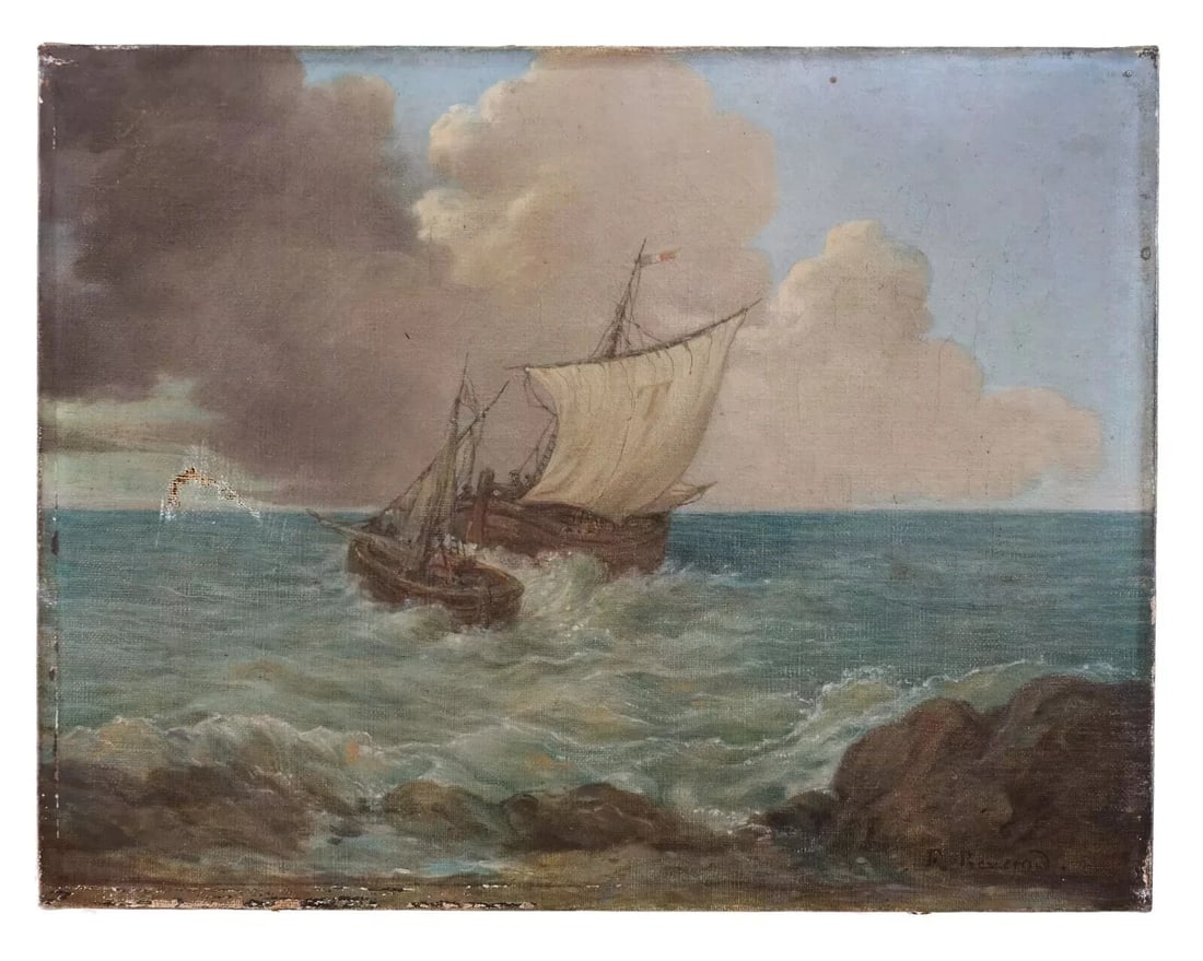 Antique Oil Painting Original signed Maritime Seascape, Boat, Seascape 1903 - 7