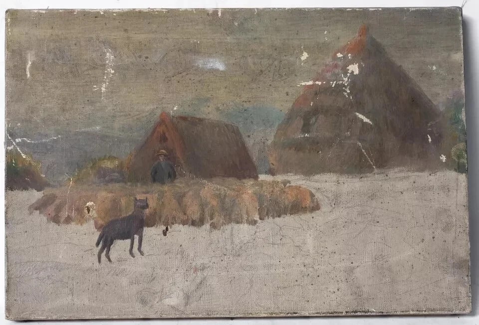 Antique Oil Original Painting, Landscape, Livestock, Farmer, Sheep, Dog - 2