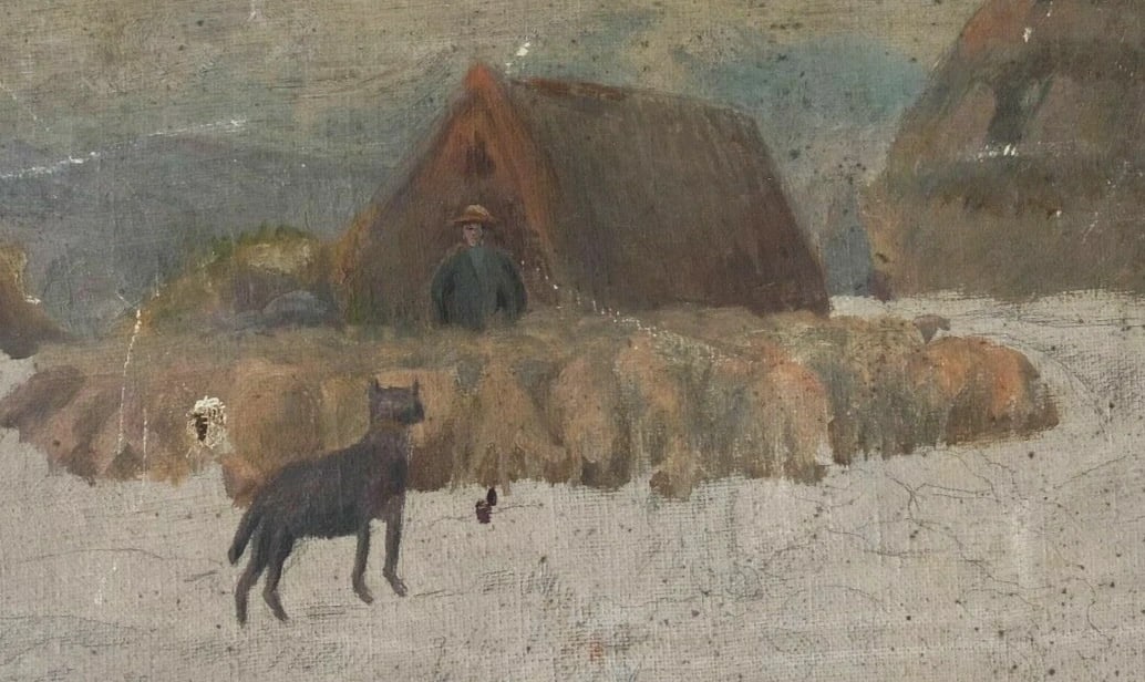 Antique Oil Original Painting, Landscape, Livestock, Farmer, Sheep, Dog - 3