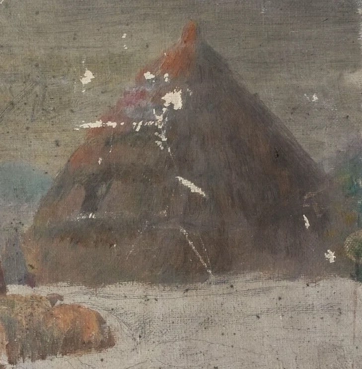 Antique Oil Original Painting, Landscape, Livestock, Farmer, Sheep, Dog - 4