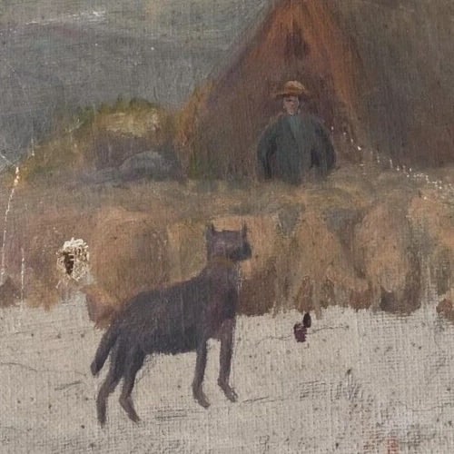 Antique Oil Original Painting, Landscape, Livestock, Farmer, Sheep, Dog - 5