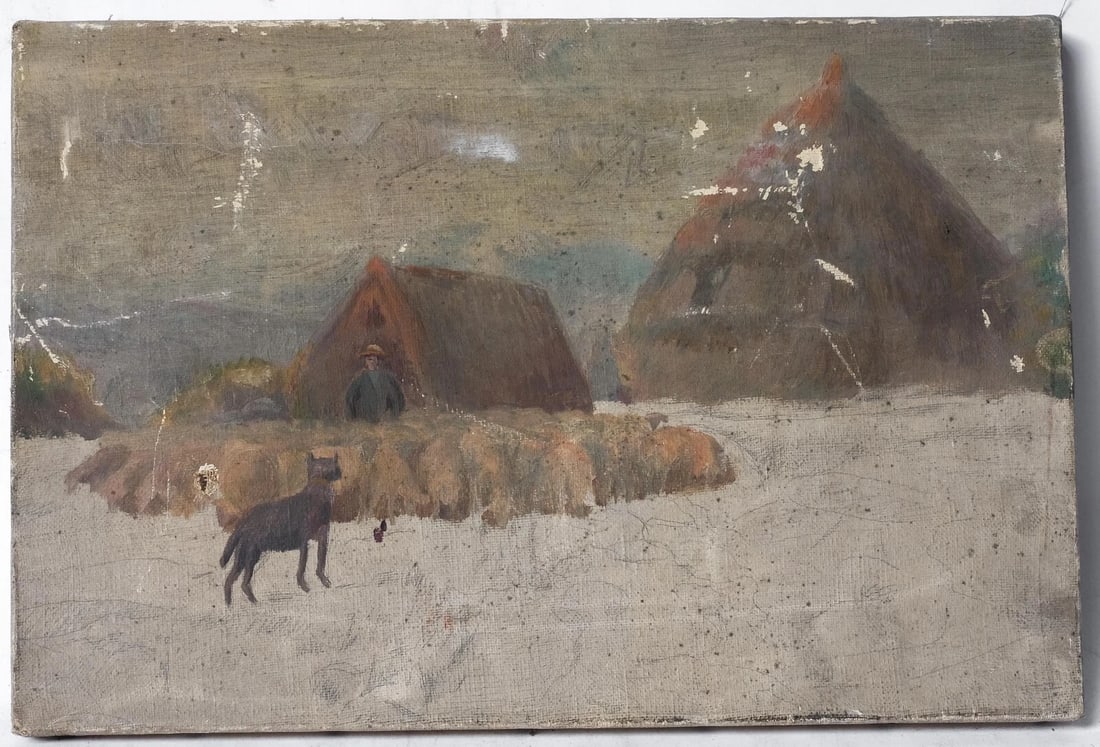 Antique Oil Original Painting, Landscape, Livestock, Farmer, Sheep, Dog - 6