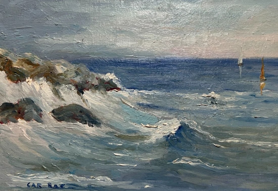 E2-Antique Original Painting Landscape, Maritime, Boats, Sea, Waves signed (1 of 8)