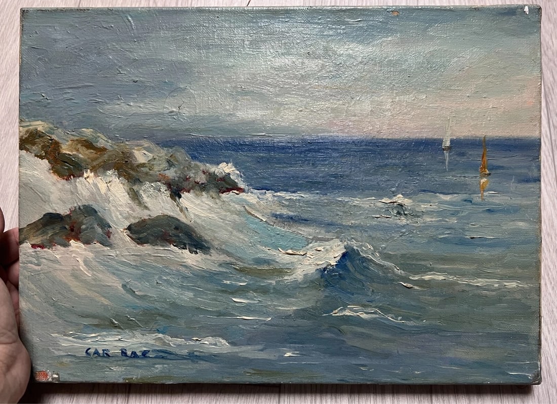 E2-Antique Original Painting Landscape, Maritime, Boats, Sea, Waves signed - 2