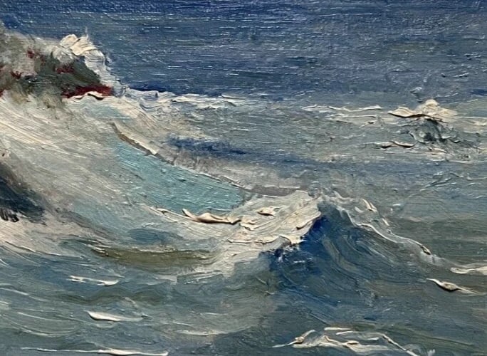 E2-Antique Original Painting Landscape, Maritime, Boats, Sea, Waves signed - 4