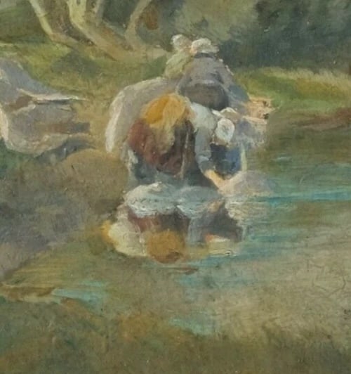 Antique French Painting – Breton Woman by River – Linen & Landscape - 3