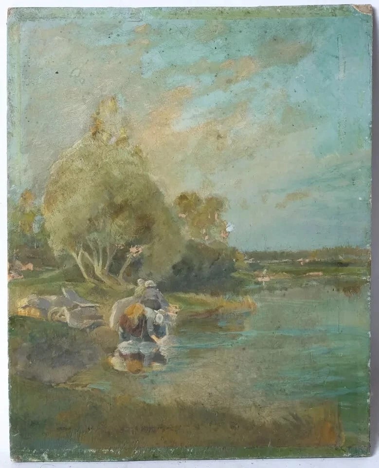 Antique French Painting – Breton Woman by River – Linen & Landscape - 8