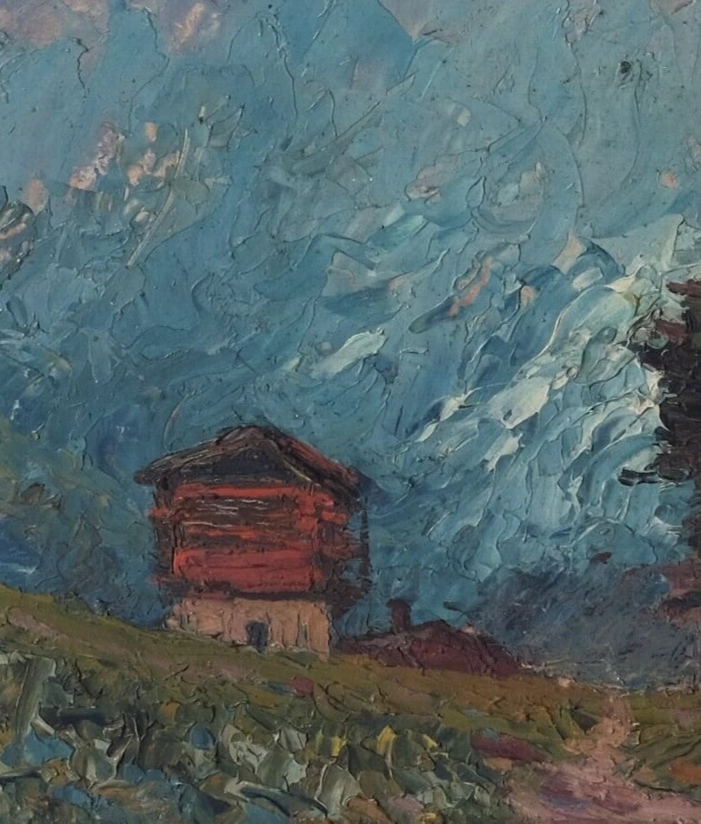 Antique Original Painting Mountain Landscape Chalets, Flaine - 2