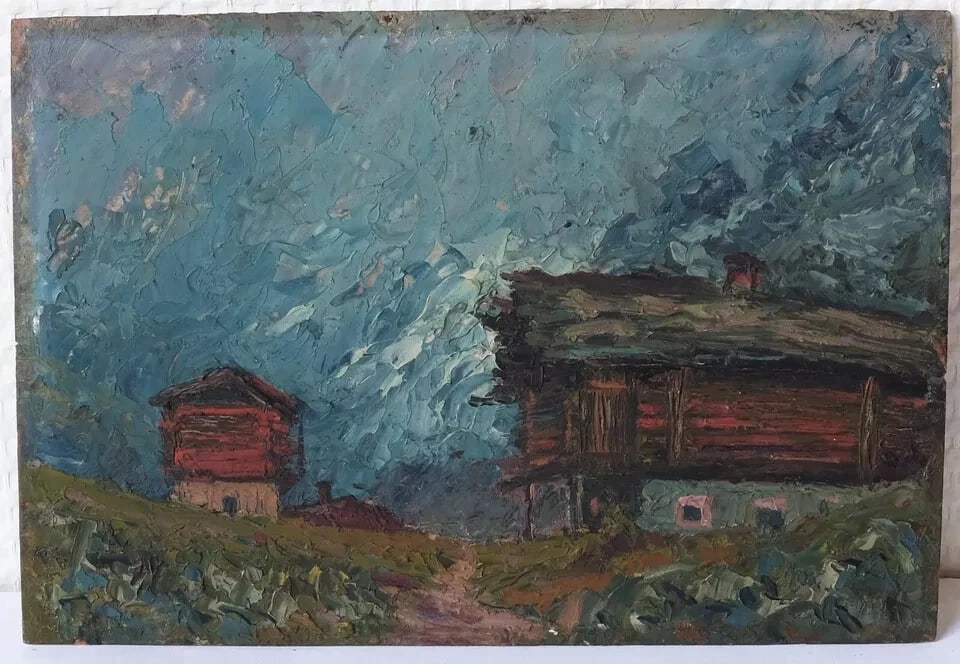 Antique Original Painting Mountain Landscape Chalets, Flaine - 3