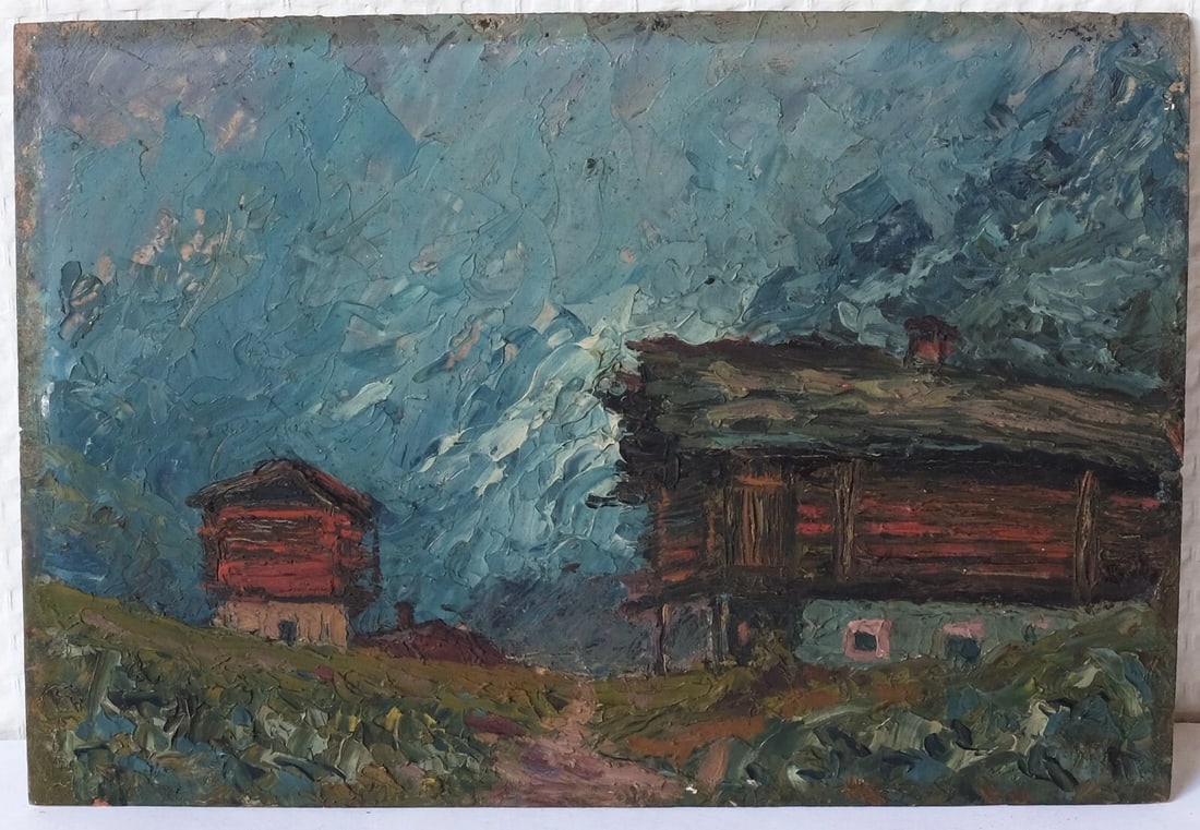Antique Original Painting Mountain Landscape Chalets, Flaine - 6