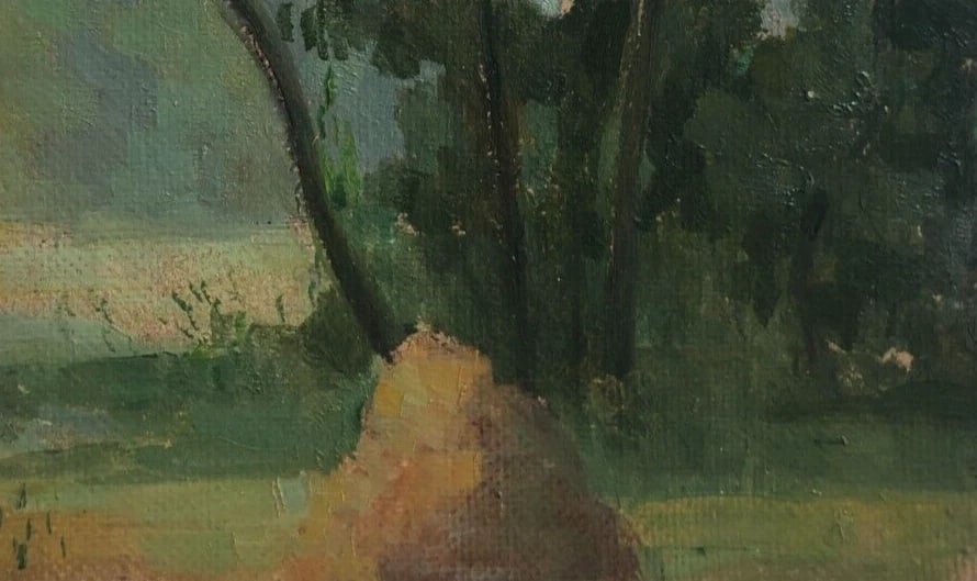 Antique Painting Original Landscape, Tree near a Pile of Hay 1905 - 2