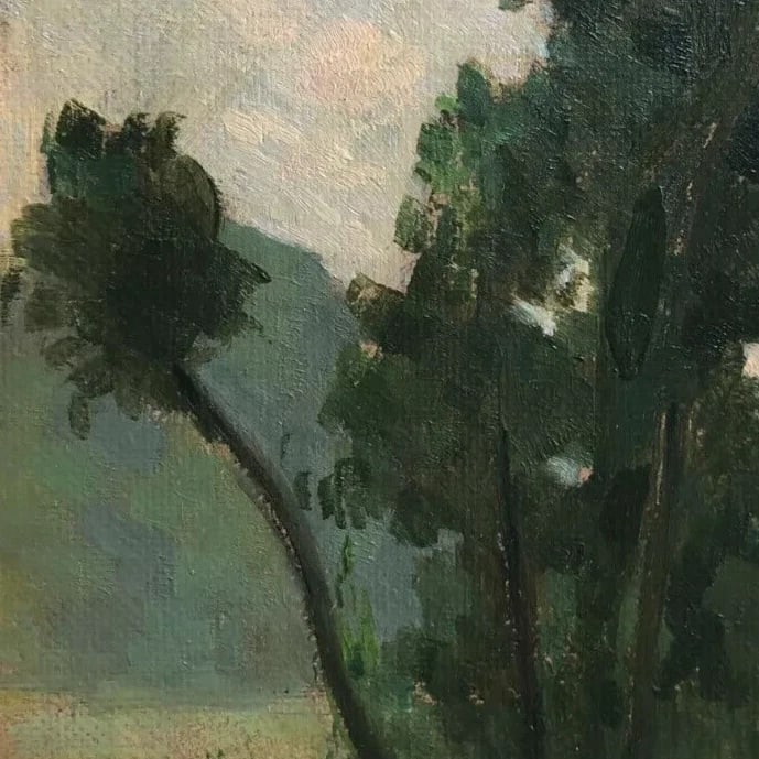 Antique Painting Original Landscape, Tree near a Pile of Hay 1905 - 3