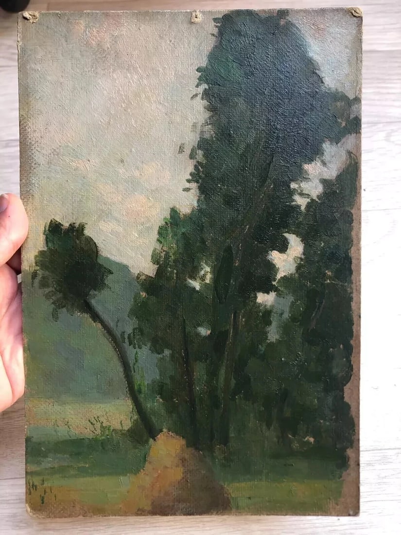 Antique Painting Original Landscape, Tree near a Pile of Hay 1905 - 8