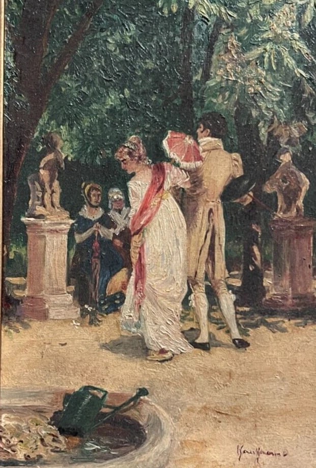 Antique Oil Original Painting People, Community, Couple, Park, Nature signed: Painting Hunter Man with Riffle Portrait signed 1904 Description oil on canvas 19 x 27 cm signed Reserve: $345.00 Shipping: Domestic: Flat-rate of $29.00 to anywhere within the contig