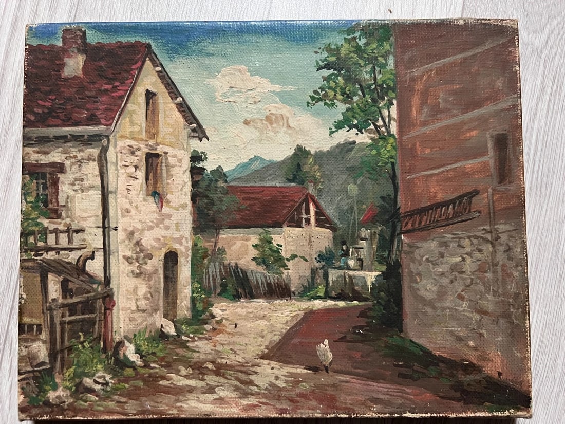 Antique Oil Vintage Original Painting Landscape Mountain Village, Chicken - 2