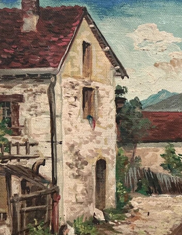 Antique Oil Vintage Original Painting Landscape Mountain Village, Chicken - 3