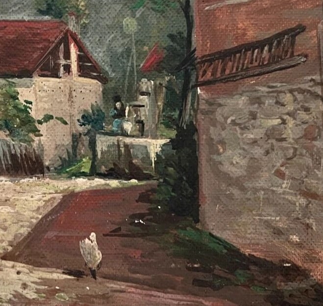 Antique Oil Vintage Original Painting Landscape Mountain Village, Chicken - 4