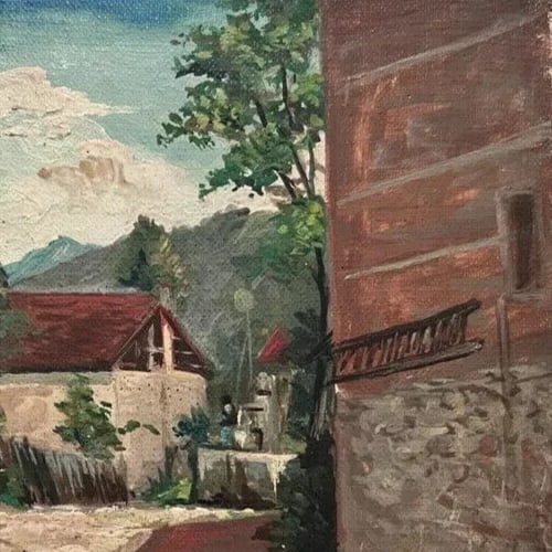 Antique Oil Vintage Original Painting Landscape Mountain Village, Chicken - 5